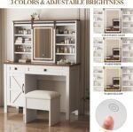 Farmhouse Vanity Desk with LED Lighted Mirror, Makeup Vanity Desk with Sliding Mirror