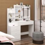 Large Vanity Makeup Table with Sliding Mirror and LED Lights, White Vanity Desk with 3 Lighting