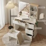 Vanity Desk with LED Lights Mirror & Power Outlet, 3 Lighting Colors Vanity Desk with 5 Drawers, Makeup Vanity Set and Cushioned Stool