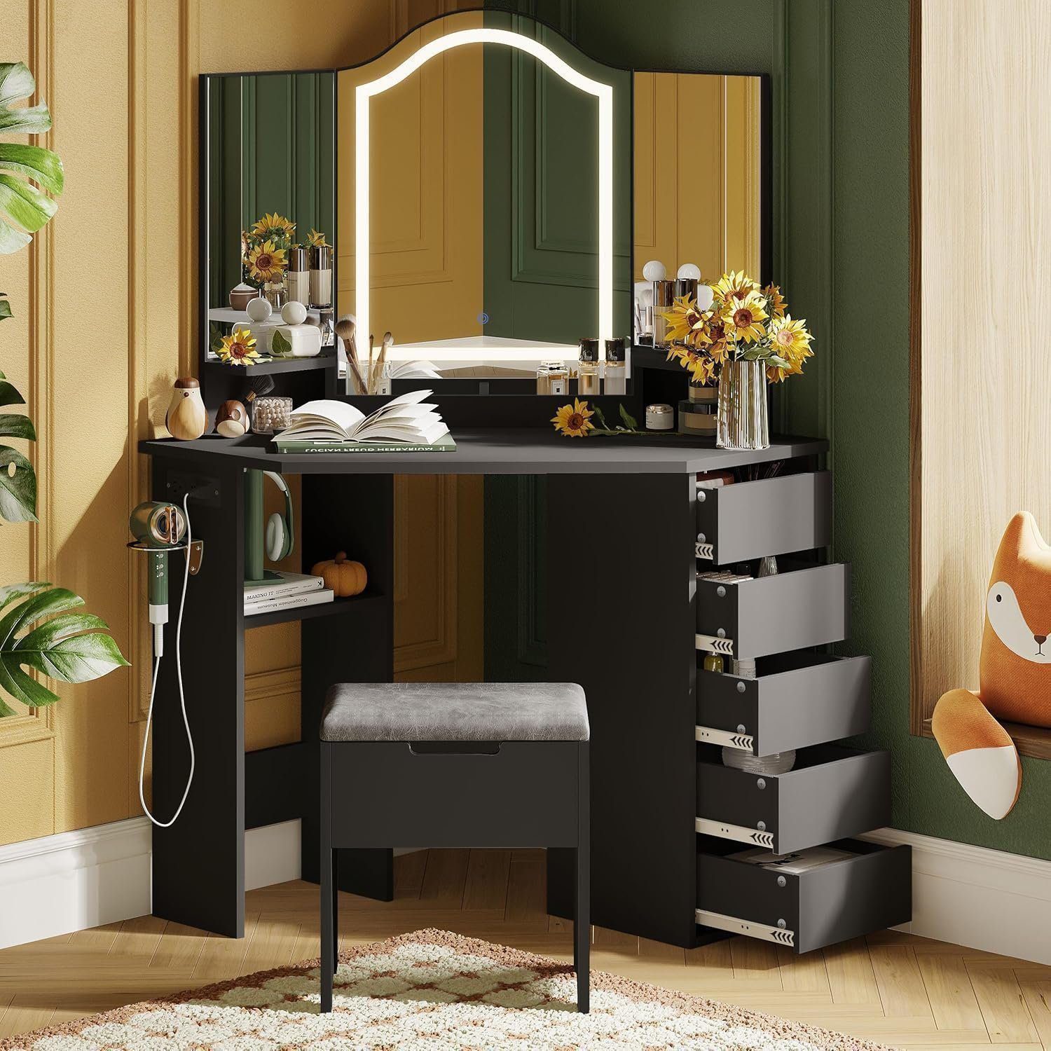Vanity Desk with Mirror and Lights, Makeup Vanity Desk with Lights,3 Color Modes Adjustable - Black, 5 Drawers Right Side