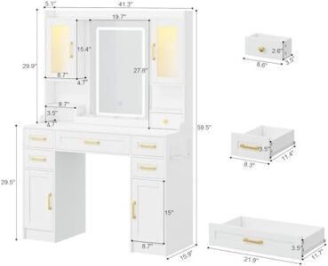 Esmlada Vanity Desk with Mirror, LED Lights and Power Outlet, Large Vanity Table Set with Display Cabinets