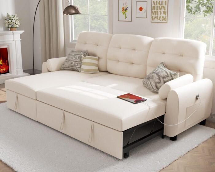 Ucloveria Sectional Sofa Couch, 87&quote; Sleeper Sofa Bed with Reversible Storage Chaise Pull Out Couch