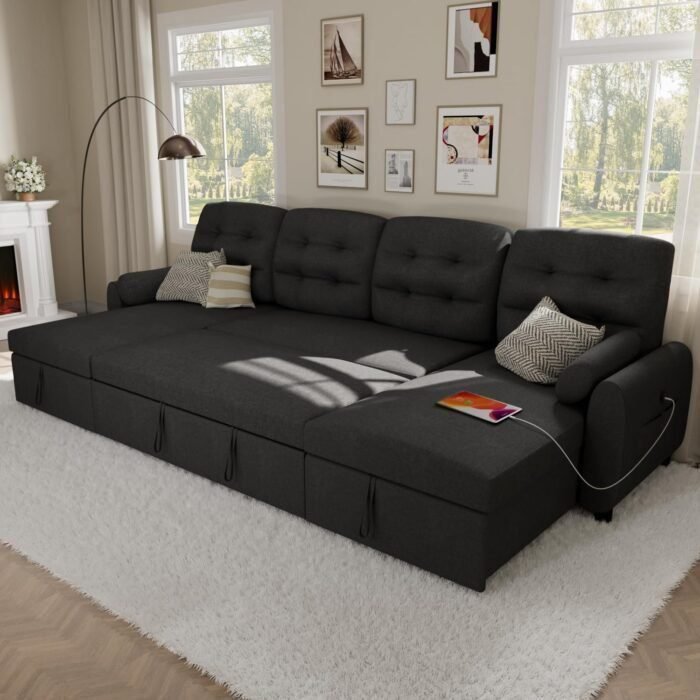 Ucloveria Sectional Sofa Couch, 87&quote; Sleeper Sofa Bed with Reversible Storage Chaise Pull Out Couch