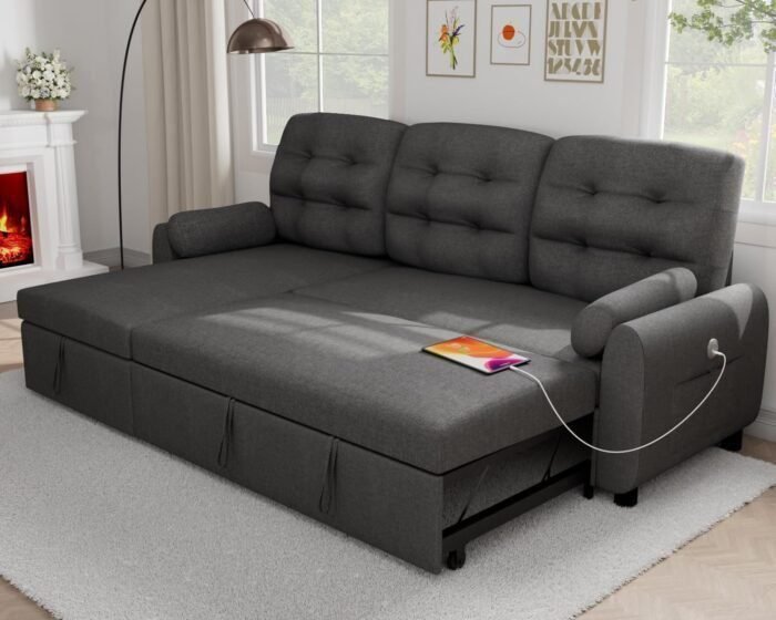 Ucloveria Sectional Sofa Couch, 87&quote; Sleeper Sofa Bed with Reversible Storage Chaise Pull Out Couch