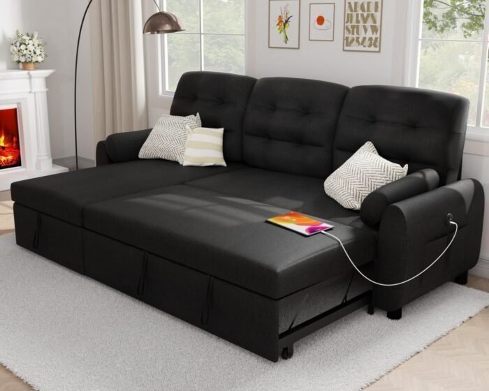 Ucloveria Sectional Sofa Couch, 87&quote; Sleeper Sofa Bed with Reversible Storage Chaise Pull Out Couch