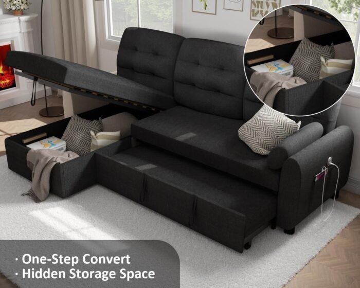 Ucloveria Sectional Sofa Couch, 87&quote; Sleeper Sofa Bed with Reversible Storage Chaise Pull Out Couch