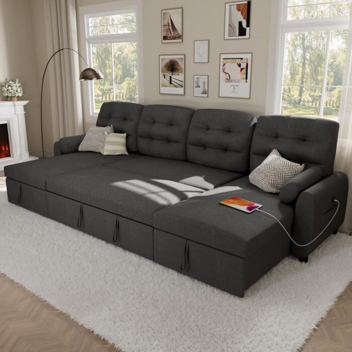 Ucloveria Sectional Sofa Couch, 87&quote; Sleeper Sofa Bed with Reversible Storage Chaise Pull Out Couch