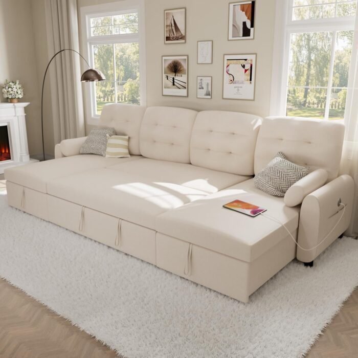 Ucloveria Sectional Sofa Couch, 87&quote; Sleeper Sofa Bed with Reversible Storage Chaise Pull Out Couch