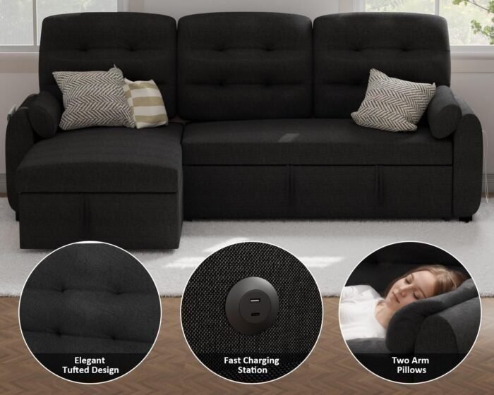Ucloveria Sectional Sofa Couch, 87&quote; Sleeper Sofa Bed with Reversible Storage Chaise Pull Out Couch