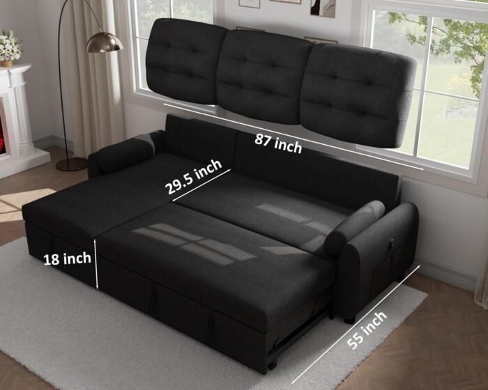 Ucloveria Sectional Sofa Couch, 87&quote; Sleeper Sofa Bed with Reversible Storage Chaise Pull Out Couch