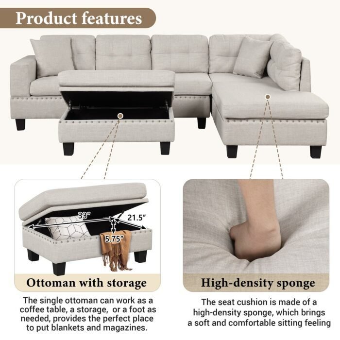 Euroco Modern Sectional Sofa with Storage Ottoman, L-Shape Couch with 2 Pillows and Cup Holder