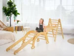 4-in-1 Montessori Indoor Playground: Wooden Foldable Triangle Ladder + Climbing Arch (Rocker Balance) + Slide Board (Ramp) + Spider Net for Kids 1-7 y.o.