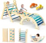 Pikler Triangle Set 7in1 Foldable Baby Climbing Toys Wooden Montessori Climbing Set with Arch&Ramp&Ladder Baby Climber Indoor Jungle Gyms for Toddlers Montessori Toys - Rainbow