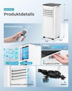 Mobile Air Conditioner with Exhaust Hose 7000 BTU 4-in-1 Mobile Air Conditioner Quiet Operation Digital Display + Remote Control Window Installation Set 24 Hour Timer for Rooms up to 20 m2