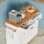 4 EVER WINNER White Kitchen Island with Storage on Wheels,Rolling Kitchen Island Cart with 2 Drawers& 4 Storage Cabinets,Wooden Countertop,Towel Racks,Adjustable Shelves