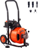Drain Cleaner Machine 100FT x 1/2Inch,Auto Feed Sewer Snake Auger with 4 Cutter & Air-activated Foot Switch for 1" to 4" Pipes,Orange,Black