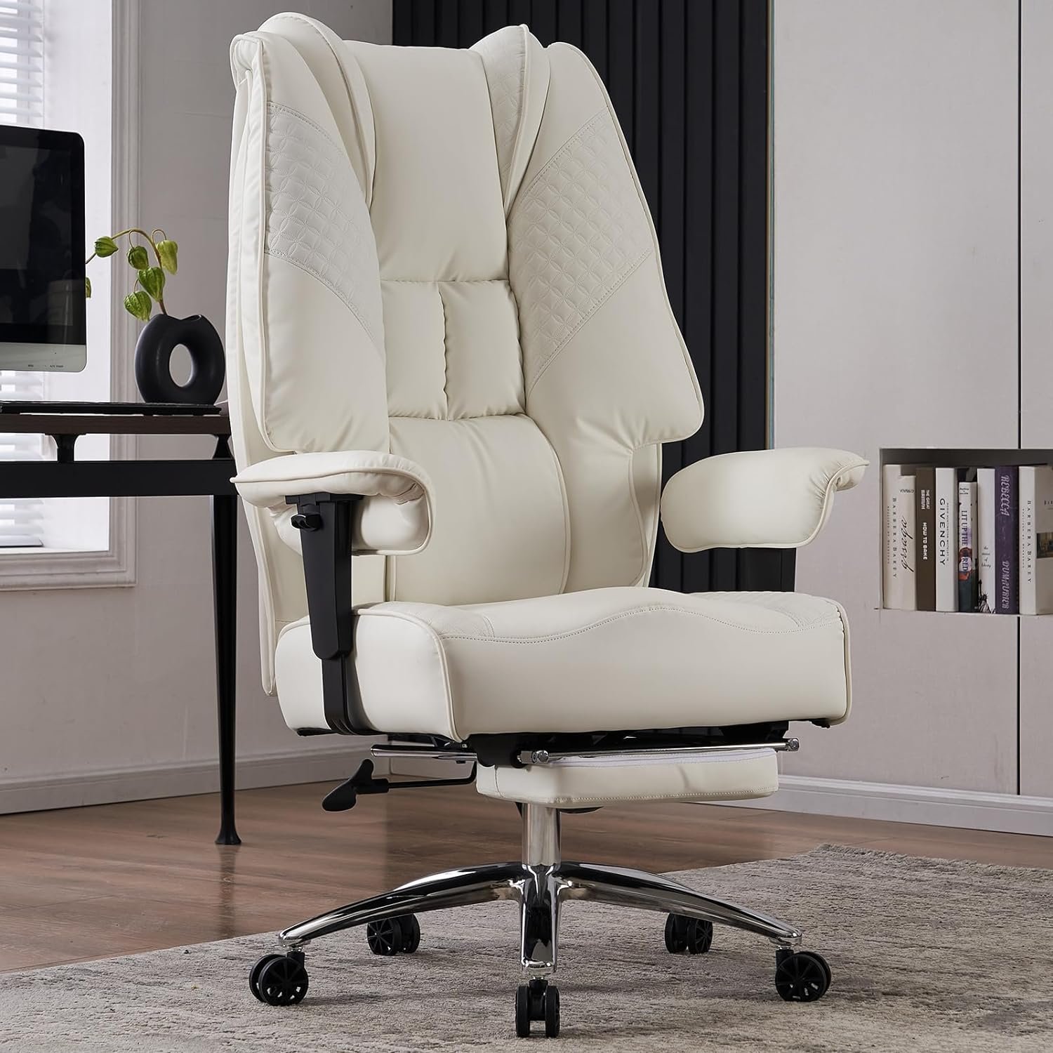 Large Tall Office Chair 400 lbs Wide Seat,Leather High Back Executive Office Chair with Footrest,Ergonomic Office Chair Lumbar Support to Relieve Lower Back Pain (Beige) Large Tall Office Chair 400 lbs Wide Seat,Leather High Back Executive Office Chair with Footrest,Ergonomic Office Chair Lumbar Support to Relieve Lower Back Pain (Beige)