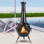 SINGLYFIRE Patio Backyard Wooden Fire Pit with Chiminea Cover Rust-Free Iron
