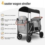 Elite Pro All-Terrain 4 Seater Wagon Stroller for Kids - Heavy-Duty 300lb Capacity,One-Hand Fold Design,High Seats with 5-Point Harness,Adjustable Canopy and Handlebars,Light Grey