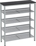 VASAGLE 5-Layer Shoe Rack,High Shoe Storage with 4 Mesh Shelves and Large Top for Bags,Space Saving for Entrance,Hallway,Steel,Industry,Rustic Brown and Black LBS038B01