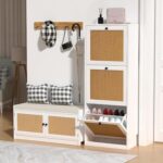 Anmytek Rattan Shoe Cabinet,Entryway Cabinet Wooden Shoe Rack with 3 Flip Drawers