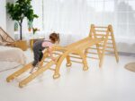 4-in-1 Montessori Indoor Playground: Wooden Foldable Triangle Ladder + Climbing Arch (Rocker Balance) + Slide Board (Ramp) + Spider Net for Kids 1-7 y.o.