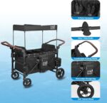 4 Seater Wagon Stroller,Foldable All-Terrain Quad Wagon Stroller with Canopy,Detachable Tray,Adjustable Handle,High Seat & Large Storage,Black