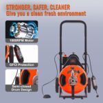 Drain Cleaner Machine 100FT x 1/2Inch,Auto Feed Sewer Snake Auger with 4 Cutter & Air-activated Foot Switch for 1" to 4" Pipes,Orange,Black