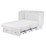 BOWERY HILL Queen Murphy Bed Chest with Charging Station and Folding Mattress in White