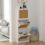 Anmytek Rattan Shoe Cabinet,Entryway Cabinet Wooden Shoe Rack with 3 Flip Drawers