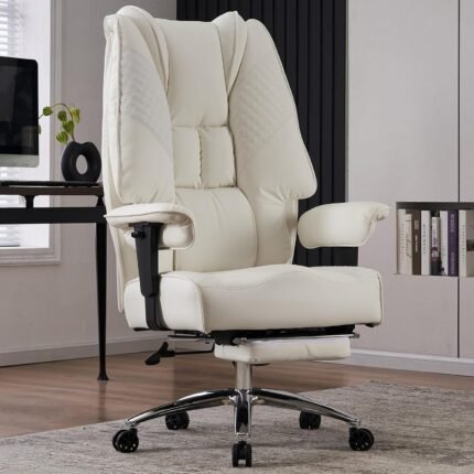 Large Tall Office Chair 400 lbs Wide Seat,Leather High Back Executive Office Chair with Footrest,Ergonomic Office Chair Lumbar Support to Relieve Lower Back Pain (Beige)