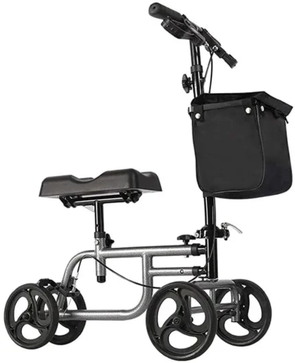 4 Wheels Knee Scooter Walker,All Terrain Rolling Steerable Adjusted Height Walking Aid with Storage Bags