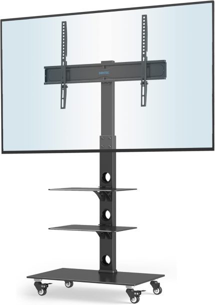 BONTEC TV Stand with Wheels for 30-70 inch Plasma/LCD/LED Screens up to 40 kg,6 Height Adjustments with 3 Tier Tempered Glass Shelves,MAX VESA 600 x 400 mm