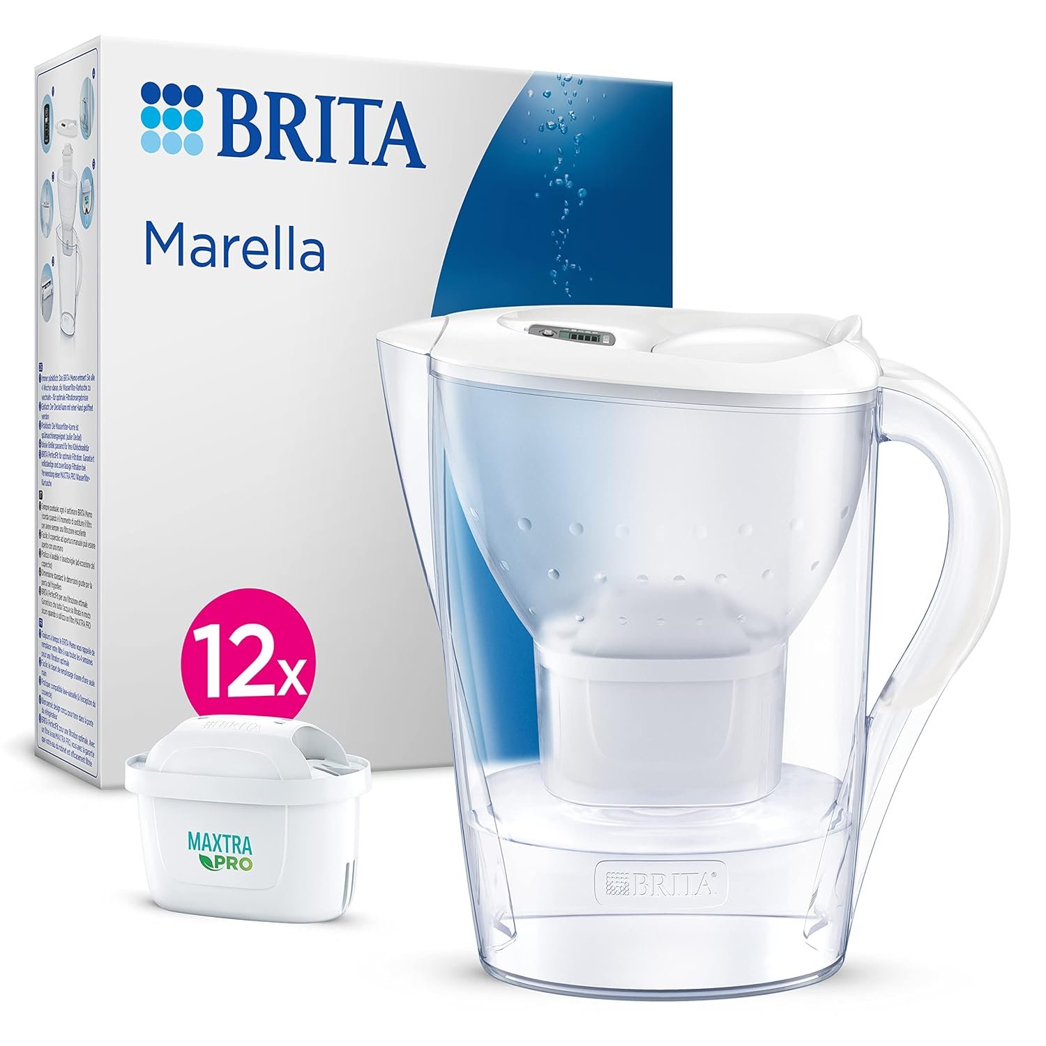 BRITA Marella Water Filter Jug White (2.4L) Annual Pack incl. 12x MAXTRA PRO All-in-1 cartridge - fridge-fitting jug with digital LTI and Flip-Lid - now in sustainable Smart Box packaging BRITA Marella Water Filter Jug White (2.4L) Annual Pack incl. 12x MAXTRA PRO All-in-1 cartridge - fridge-fitting jug with digital LTI and Flip-Lid - now in sustainable Smart Box packaging