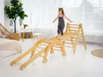 4-in-1 Montessori Indoor Playground: Wooden Foldable Triangle Ladder + Climbing Arch (Rocker Balance) + Slide Board (Ramp) + Spider Net for Kids 1-7 y.o.