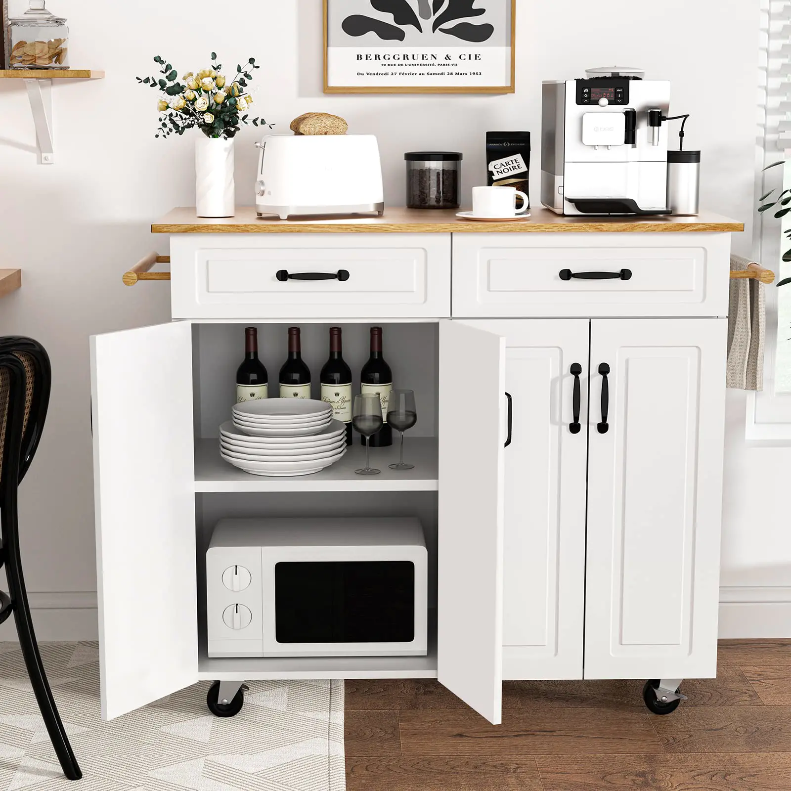 4 EVER WINNER White Kitchen Island with Storage on Wheels,Rolling Kitchen Island Cart with 2 Drawers& 4 Storage Cabinets,Wooden Countertop,Towel Racks,Adjustable Shelves 4 EVER WINNER White Kitchen Island with Storage on Wheels,Rolling Kitchen Island Cart with 2 Drawers& 4 Storage Cabinets,Wooden Countertop,Towel Racks,Adjustable Shelves