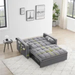 3 in 1 Sleeper Sofa Couch Bed,Small Tufted Velvet Convertible Loveseat Futon Sofa w/Pullout Bed,Adjustable Backrest,Cylinder Pillows,Multi-Pockets,Phone Holder for Living Room Apartment,Grey,55.5"