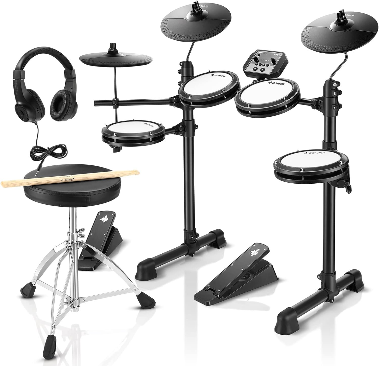 Donner DED-80 Electronic Drum Set,Electric Drum Set for Beginner with 4 Quiet Mesh Drum Pads,2 Switch Pedal,180+ Sounds,Throne,On-Ear Headphones,Sticks,and Melodics Lessons Included. Donner DED-80 Electronic Drum Set,Electric Drum Set for Beginner with 4 Quiet Mesh Drum Pads,2 Switch Pedal,180+ Sounds,Throne,On-Ear Headphones,Sticks,and Melodics Lessons Included.
