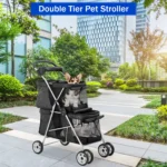 4 Wheels Pet Stroller Dog Cat Stroller,Foldable 2 Cages Strollers Kitten Puppy Carriages w/Cup Holders Soft Pad for Small Medium Dogs Cats (Black)