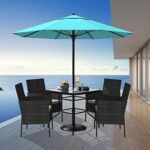 5 Piece Wicker Patio Dining Set,Outdoor Rattan Table and Chairs Sets for 4,Tempered Glass Top with Umbrella Hole Great for Deck Garden Yard Balcony,Black
