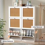 Anmytek Rattan Shoe Cabinet,Entryway Cabinet Wooden Shoe Rack with 3 Flip Drawers