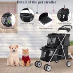 4 Wheels Pet Stroller Dog Cat Stroller,Foldable 2 Cages Strollers Kitten Puppy Carriages w/Cup Holders Soft Pad for Small Medium Dogs Cats (Black)