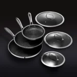 HexClad 6 Piece Hybrid Stainless Steel Cookware Pan Set 8 inch,10 inch,12 inch with Glass Lids,Size: One size,Black
