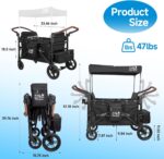 4 Seater Wagon Stroller,Foldable All-Terrain Quad Wagon Stroller with Canopy,Detachable Tray,Adjustable Handle,High Seat & Large Storage,Black