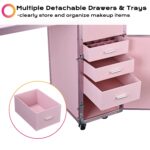 BYOOTIQUE Nail Desk Mobile Station Rolling Makeup Train Case Trolley Cosmetic Manicure Table Mirror 4 Drawers Pink
