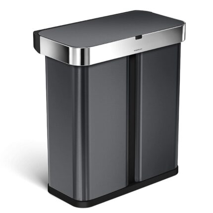 simplehuman 58 Liter 153 Gallon Stainless Steel TouchFree Dual Compartment Rectangular Kitchen Trash Can Recycler with Voice and Motion Sensor Activated Black