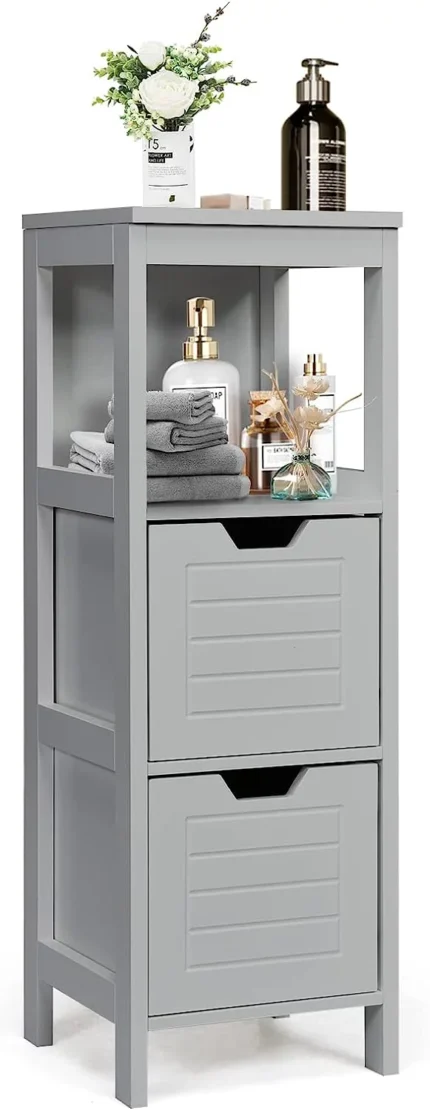Bathroom Storage Cabinet,Freestanding Wooden Side Storage Cabinet with 2 Adjustable Drawers,Space-Saving Floor Cabinet for Living Room Bathroom Bedroom Entryway (Grey)
