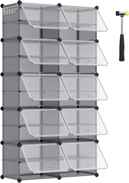 SONGMICS Shoe Rack with 10 Compartments,Shoe Cabinet,30 x 40 x 30 cm per Compartment,Narrow,with Doors,Steel Frame,Plastic,for Hallway,Bedroom,Entryway,White LPC035W01