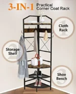YOPCTUO 3-in-1 Entryway Coat Rack Industrial Hall Tree Corner Cloth Rack with Bench Hallway Coat and Shoe Rack for Corner Entryway Organizer with Metal Shoe for Hallway Corner Entran