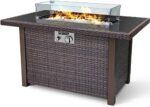 BLUBERY 44?? Propane Fire Pit Table,50,000 BTU PE Rattan Gas Fire Pit with Black Tempered Glass Tabletop,Glass Wind Guard,AutoIgnition,White Glass Stone,ETL CERT